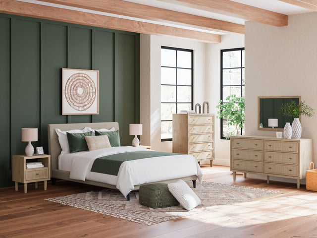 Ashley Cielden - Soft Gray / Beige - 6 Pc. - Dresser, Mirror, Chest, Queen Upholstered Bed With Roll Slats, 2 Nightstands