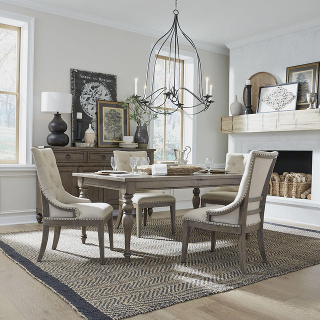 Liberty Furniture Americana Farmhouse - 5 Piece Leg Table Set (Upholstered Shelter Side Chairs) - Light Brown