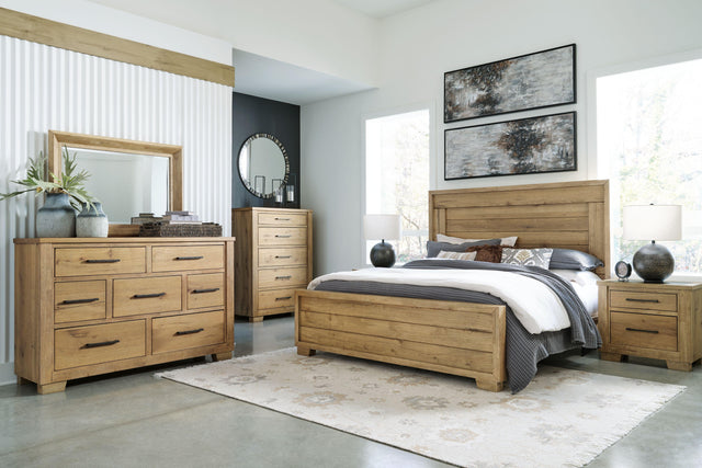 Ashley Galliden - Light Brown - 6 Pc. - Dresser, Mirror, California King Panel Bed, 2 Nightstands