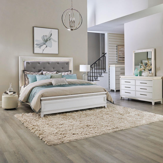 Liberty Furniture Reflections - 4 Piece Bedroom Set (Queen Upholstered Bed, Dresser & Mirror, Chest) - White