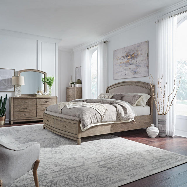 Liberty Furniture Avalon - 4 Piece Bedroom Set (Queen Upholstered Storage Bed, Dresser & Mirror, Chest) - Burnished Beige