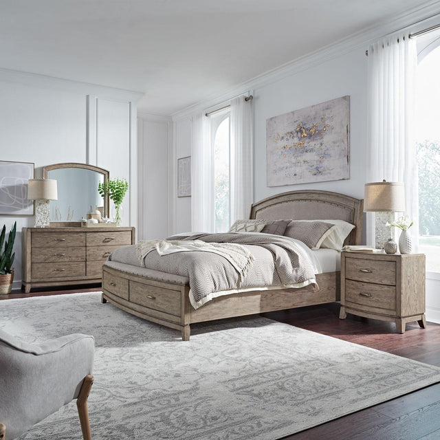 Liberty Furniture Avalon - 4 Piece Bedroom Set (Queen Upholstered Storage Bed, Dresser & Mirror, Nightstand) - Burnished Beige