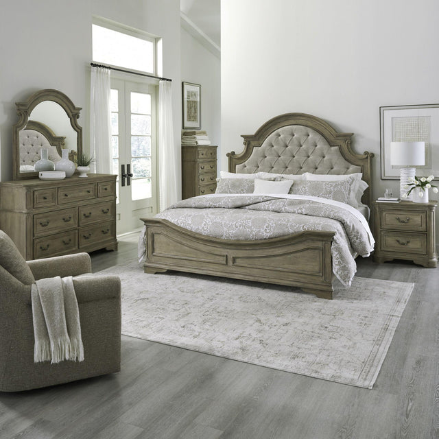 Liberty Furniture Magnolia Manor - 5 Piece Bedroom Set (King Upholstered Bed, Dresser & Mirror, Chest, Nightstand) - Light Brown