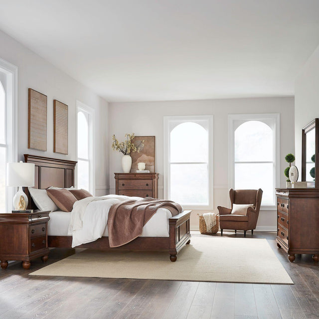 Liberty Furniture Rustic Traditions - 5 Piece Bedroom Set (King Panel Bed, Dresser & Mirror, Chest, Night Stand) - Cherry