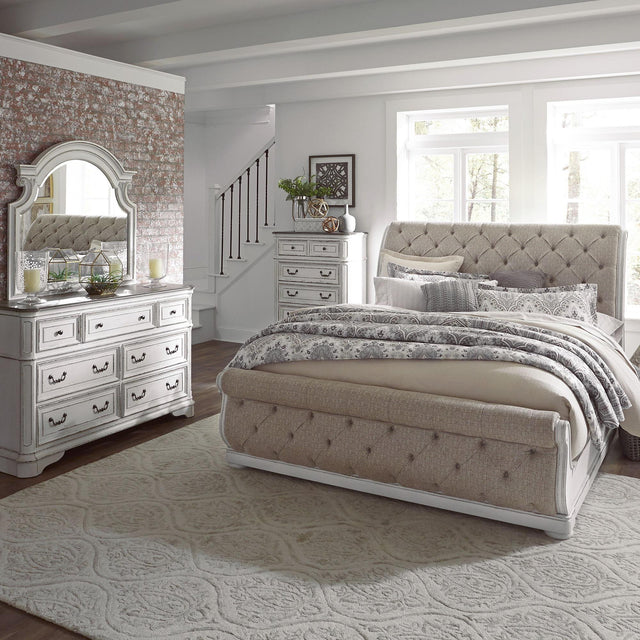 Liberty Furniture Magnolia Manor - 4 Piece Bedroom Set (Queen Upholstered Sleigh Bed, Dresser & Mirror, Chest) - White
