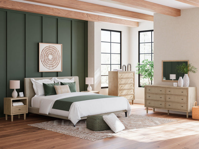 Ashley Cielden - Soft Gray / Beige - 4 Pc. - Dresser, Mirror, Chest, King Upholstered Bed With Roll Slats