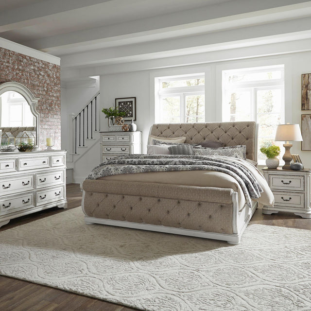 Liberty Furniture Magnolia Manor - 5 Piece Bedroom Set (Queen Upholstered Sleigh Bed, Dresser & Mirror, Chest, Nightstand) - White