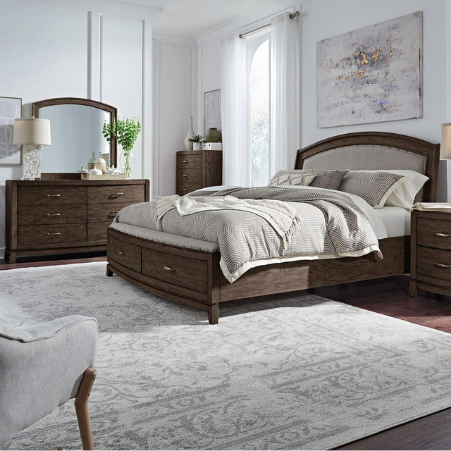 Liberty Furniture Avalon - 4 Piece Bedroom Set (King Upholstered Storage Bed, Dresser & Mirror, Chest) - Brown