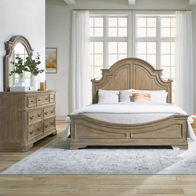 Liberty Furniture Magnolia Manor - King Panel Bed, Dresser & Mirror - Weathered Bisque