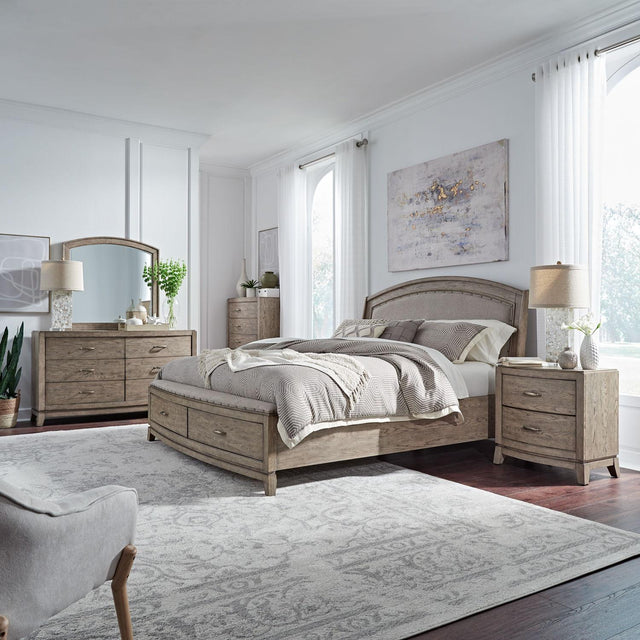 Liberty Furniture Avalon - 5 Piece Bedroom Set (Queen Upholstered Storage Bed, Dresser & Mirror, Chest, Nightstand) - Burnished Beige