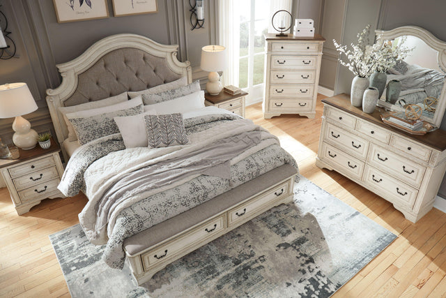 Ashley Realyn - White / Brown / Beige - California King Upholstered Bed - 5 Pc. - Dresser, Mirror, Cal King Bed