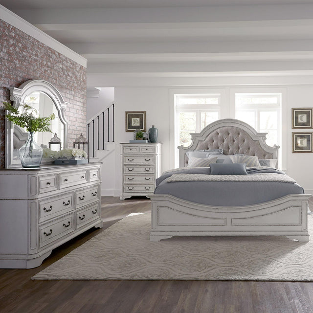 Liberty Furniture Magnolia Manor - 4 Piece Bedroom Set (King Upholstered Bed, Dresser & Mirror, Chest) - Aged White