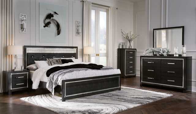 Ashley Kaydell - Black - 7 Pc. - Dresser, Mirror, King Upholstered Glitter Panel Bed, 2 Nightstands