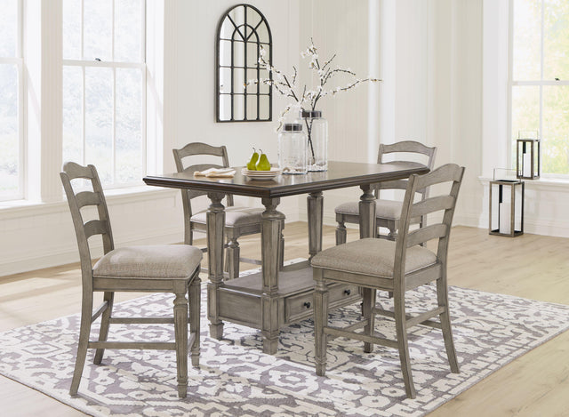 Ashley Lodenbay - Antique Gray - 5 Pc. - Rectangular Dining Room Counter Table, 4 Upholstered Barstools