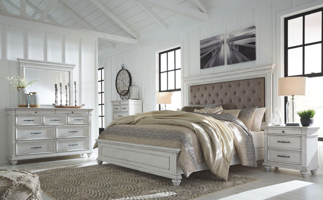 Ashley Kanwyn - Whitewash - 7 Pc. - Dresser, Mirror, King Upholstered Panel Bed, 2 Nightstands