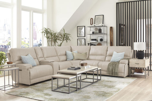 Parker House Whitman - Powered by Freemotion 6 Piece Modular Power Reclining Sectional with Power Headrests and Entertainment Console - Verona Linen