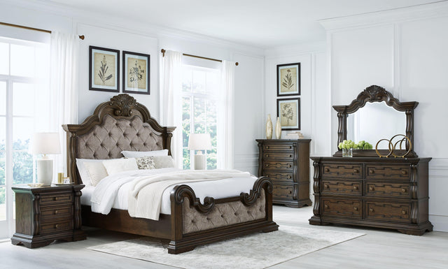 Ashley Maylee - Dark Brown - 5 Pc. - Dresser, Mirror, California King Upholstered Bed