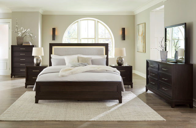 Ashley Neymorton - Dark Grayish Brown - 6 Pc. - Dresser, Mirror, Chest, California King Upholstered Panel Bed