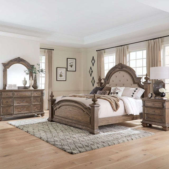 Liberty Furniture Carlisle Court - 4 Piece Bedroom Set (California King Poster Bed, Dresser & Mirror, Night Stand) - Brown