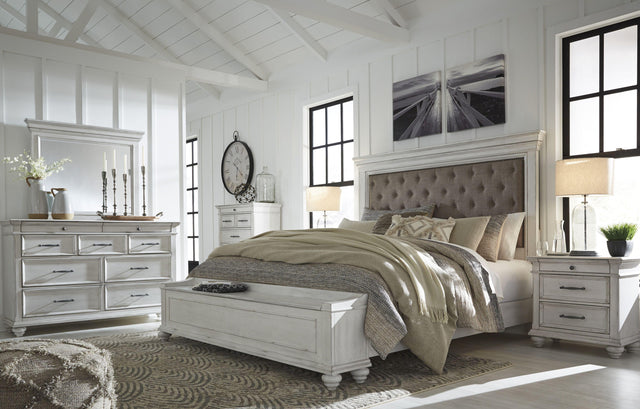 Ashley Kanwyn - Whitewash - 8 Pc. - Dresser, Mirror, Chest, King Upholstered Bed With Storage Bench, 2 Nightstands