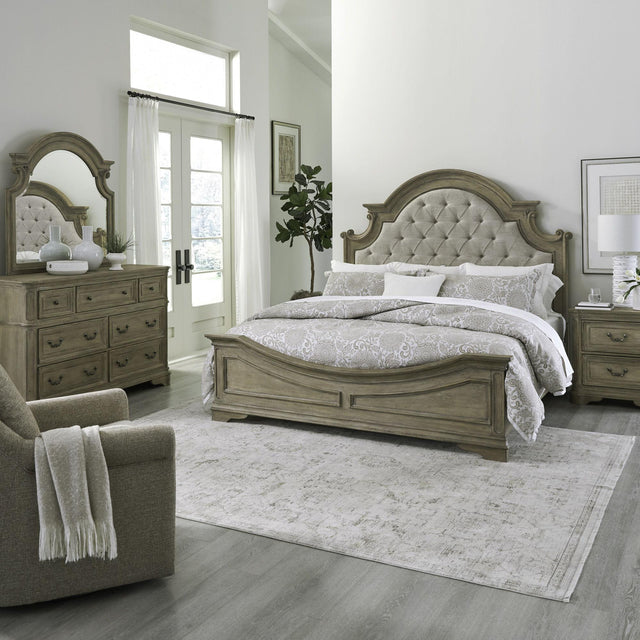 Liberty Furniture Magnolia Manor - 4 Piece Bedroom Set (Queen Upholstered Bed, Dresser & Mirror, Nightstand) - Light Brown