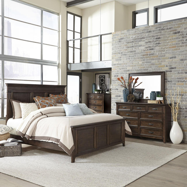 Liberty Furniture Saddlebrook - 4 Piece Bedroom Set (California King Panel Bed, Dresser & Mirror, Chest) - Tobacco