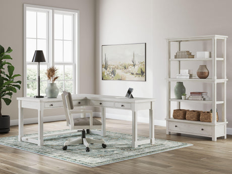 Ashley Robbinsdale - 4 Pc. - L-Shaped Home Office Desk, Home Office Desk Chair, Bookcase - Antique White