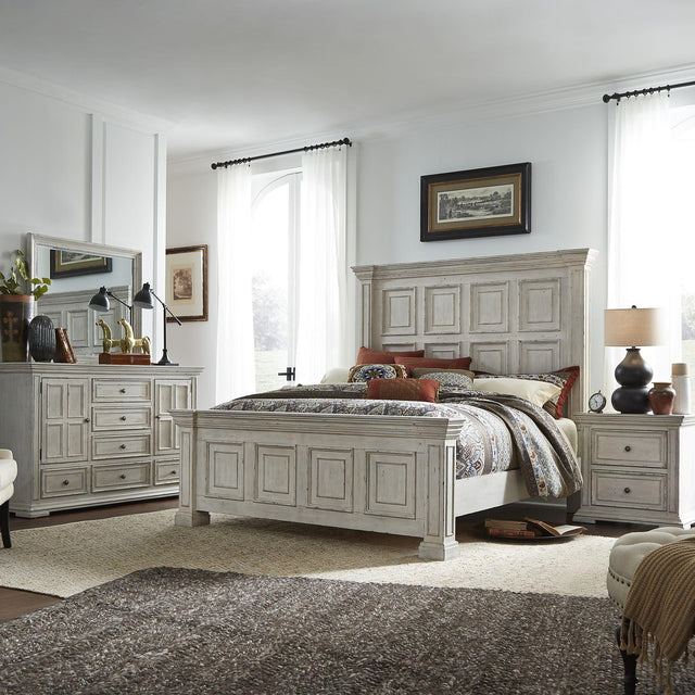 Liberty Furniture Big Valley - 4 Piece Bedroom Set (King Panel Bed, Dresser & Mirror, Nightstand) - Whitestone