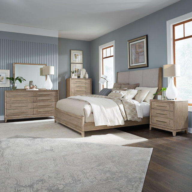 Liberty Furniture Brentwood - 5 Piece Bedroom Set (Queen Upholstered Bed, Dresser & Mirror, Chest, Nightstand) - Sandstone