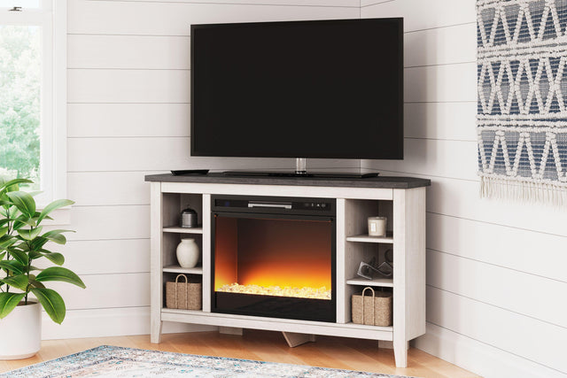 Ashley Dorrinson - White / Black / Gray - Corner TV Stand With Fireplace Insert Glass/Stone