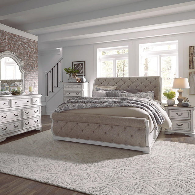 Liberty Furniture Magnolia Manor - 5 Piece Bedroom Set (King Upholstered Sleigh Bed, Dresser & Mirror, Chest, Nightstand) - White