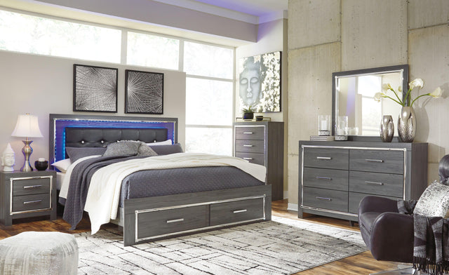 Ashley Lodanna - 5 Pc. - Dresser, Mirror, King Panel Bed with 2 Storage Drawers - Gray