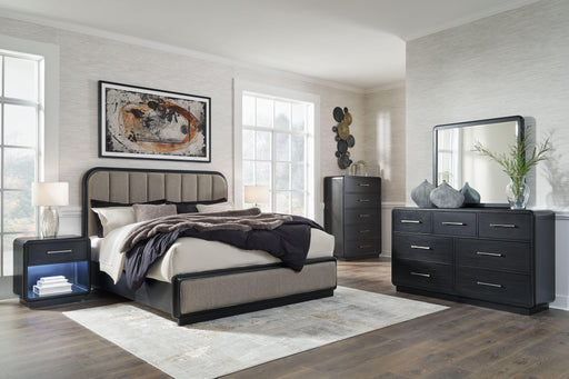 Ashley Rowanbeck - Gray / Black - 6 Pc. - Dresser, Mirror, King Upholstered Panel Bed, 2 Nightstands