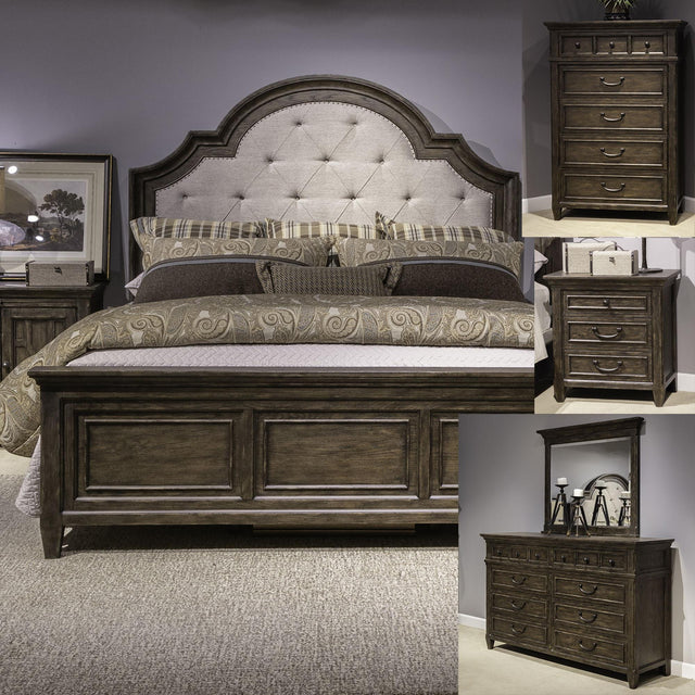 Liberty Furniture Paradise Valley - 5 Piece Bedroom Set (King Upholstered Bed, Dresser & Mirror, Chest, Nightstand) - Dark Brown