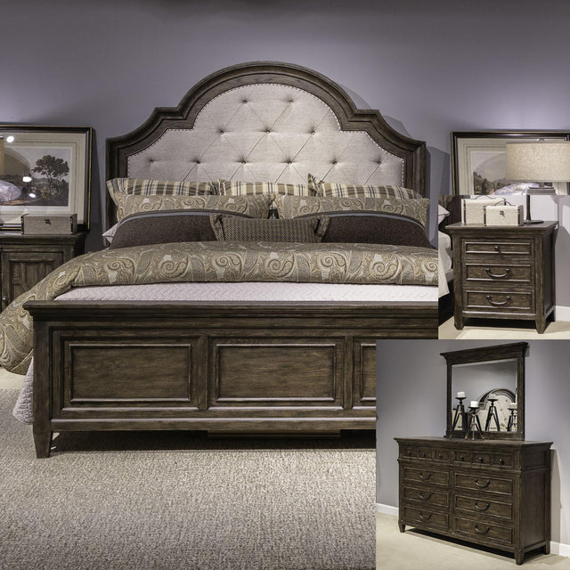 Liberty Furniture Paradise Valley - 4 Piece Bedroom Set (Queen Upholstered Bed, Dresser & Mirror, Nightstand) - Dark Brown