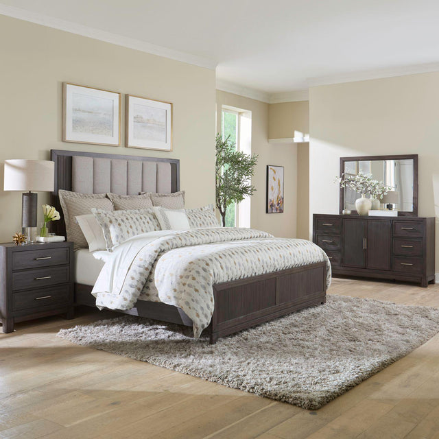 Liberty Furniture Modern Edge - 4 Piece Bedroom Set (Queen Upholstered Bed, Dresser & Mirror, Night Stand) - Brown