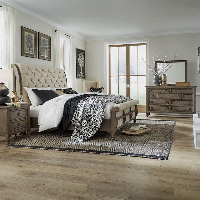 Liberty Furniture Americana Farmhouse - 4 Piece Bedroom Set (Queen Sleigh Bed, Dresser & Mirror, Nightstand) - Light Brown