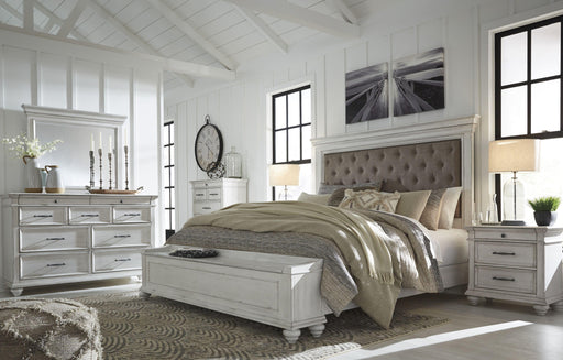 Ashley Kanwyn - Whitewash - 8 Pc. - Dresser, Mirror, Chest, Queen Upholstered Bed With Storage Bench, 2 Nightstands