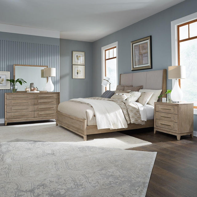 Liberty Furniture Brentwood - 4 Piece Bedroom Set (King Upholstered Bed, Dresser & Mirror, Nightstand) - Sandstone