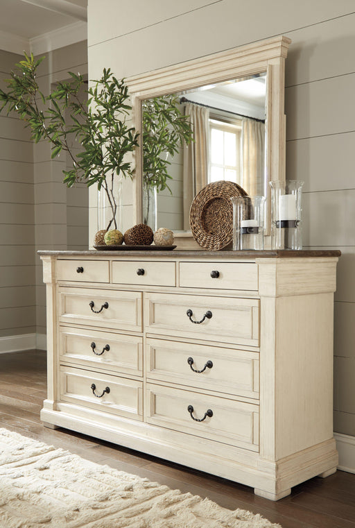 Ashley Bolanburg - Antique White / Brown - 8 Pc. - Dresser, Mirror, Chest, King Lattice Panel Bed, 2 Nightstands