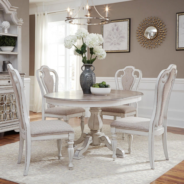 Liberty Furniture Magnolia Manor - 5 Piece Pedestal Table Set - White - Upholstered Chairs