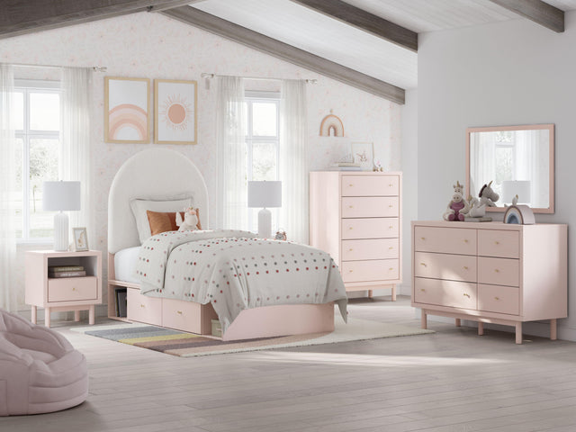 Ashley Wistenpine - 7 Pc. - Dresser, Mirror, Twin Upholstered Panel Bed With Under Bed Storage - Blush
