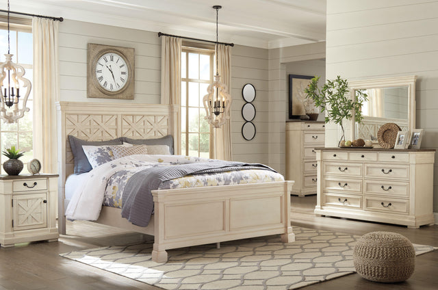 Ashley Bolanburg - Antique White / Brown - 6 Pc. - Dresser, Mirror, Chest, King Lattice Panel Bed