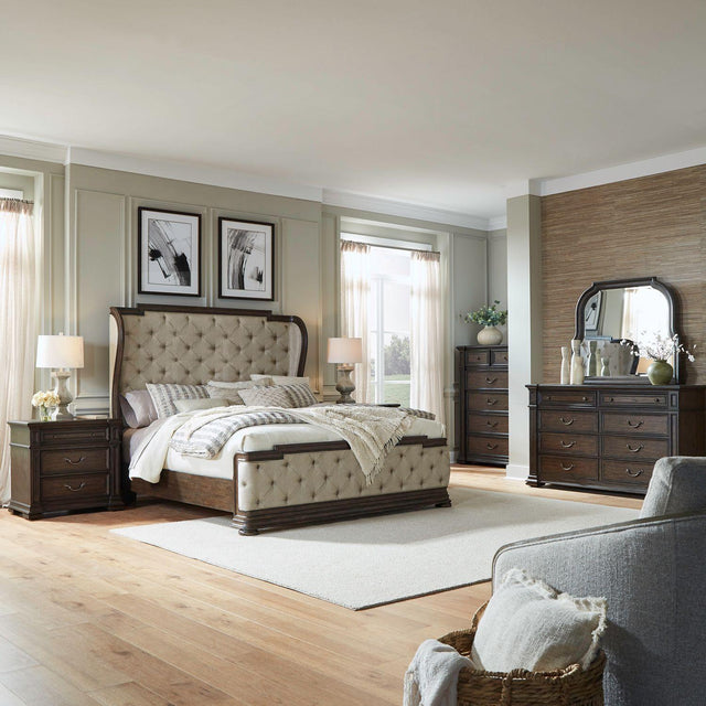Liberty Furniture Provence Park - 5 Piece Bedroom Set (King Shelter Bed, Dresser & Mirror, Chest, Night Stand) - Brown