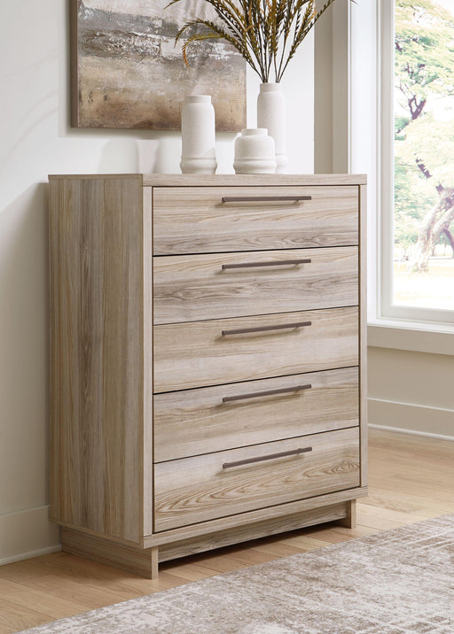 Ashley Hasbrick Five Drawer Wide Chest - Tan