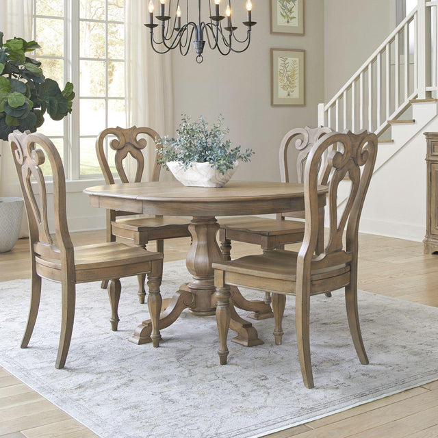 Liberty Furniture Magnolia Manor - 5 Piece Pedestal Table Set (Splat Back Side Chairs) - Brown