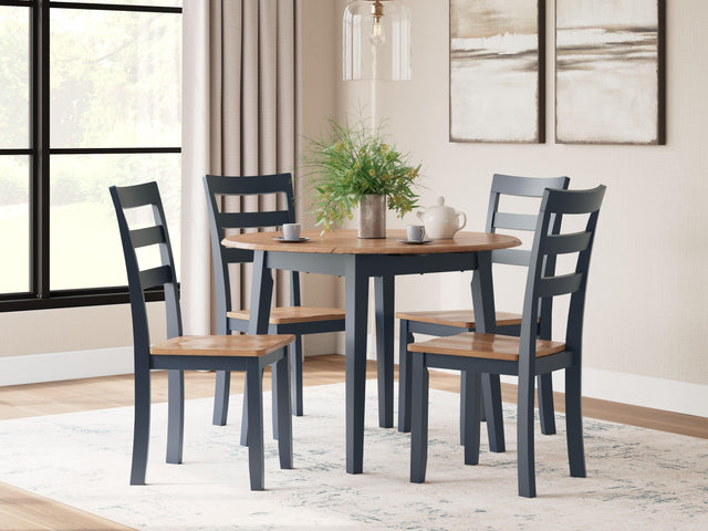 Ashley Gesthaven - Natural / Blue - 5 Pc. - Round Dining Room Drop Leaf Table, 4 Side Chairs