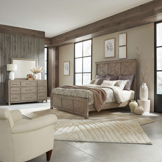 Liberty Furniture Skyview Lodge - King Panel Bed, Dresser & Mirror - Cobblestone