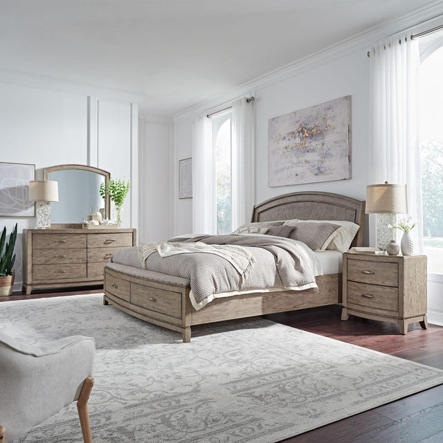 Liberty Furniture Avalon - 4 Piece Bedroom Set (King Panel Storage Bed, Dresser & Mirror, Nightstand) - Burnished Beige