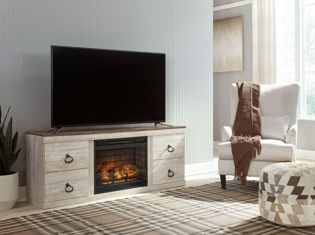 Ashley Willowton - Whitewash - 2 Pc. - TV Stand With Faux Firebrick Fireplace Insert